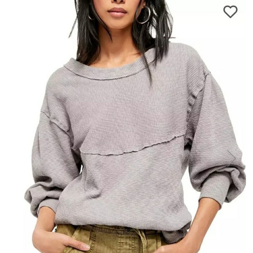 Free People OG Long Sleeve Thermal Top Gray Women's Medium Oversized Relaxed - Picture 1 of 11